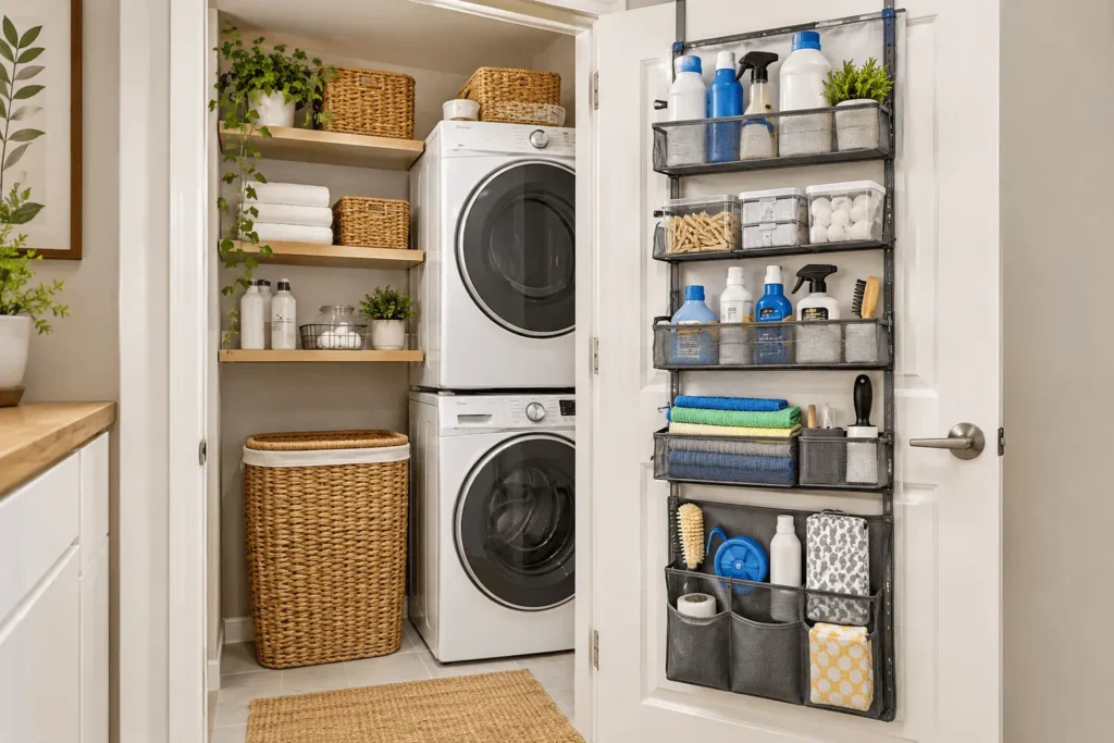 Over-the-door storage organizer in a small laundry room