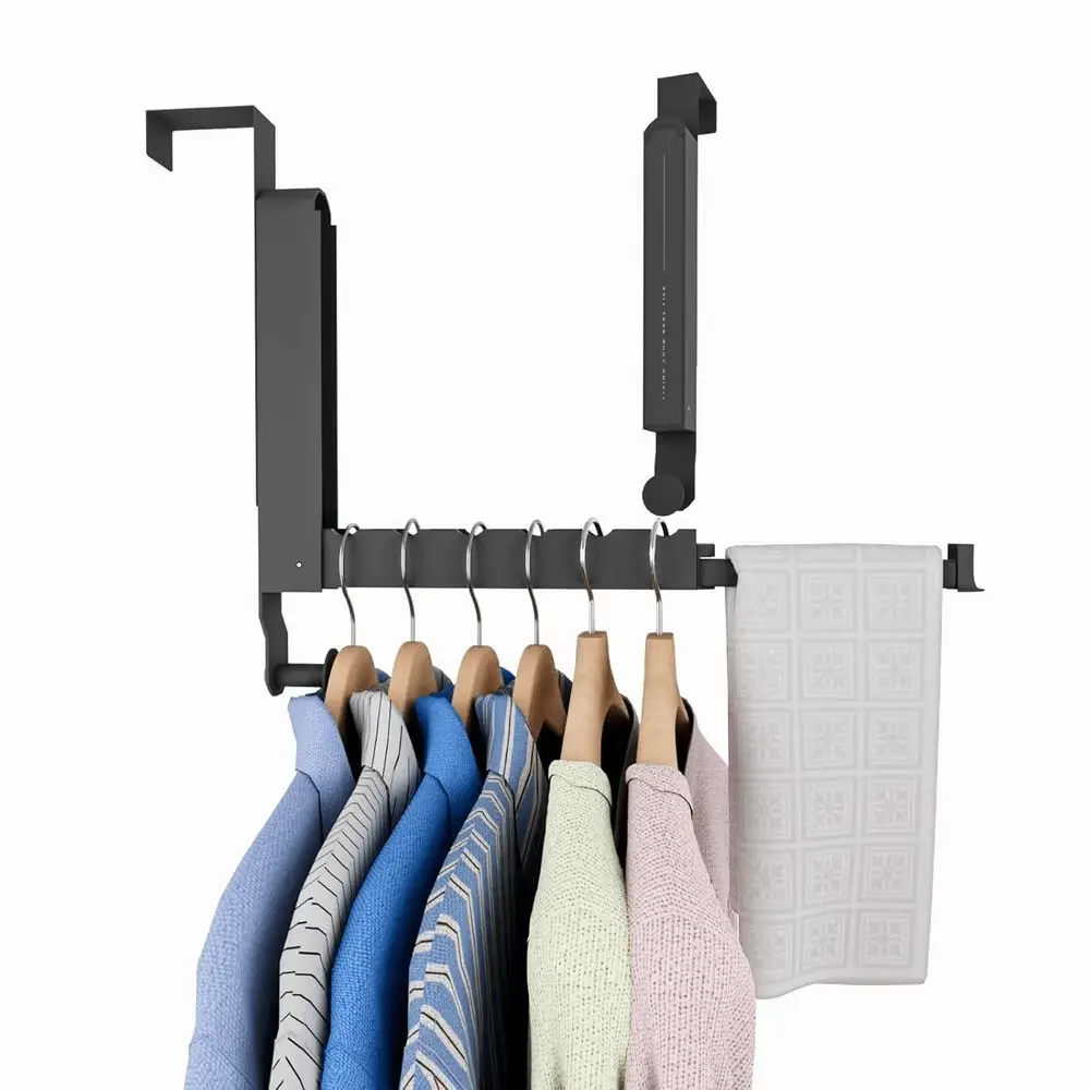 Portable over-the-door drying rack with retractable rod and hooks for towels and clothes