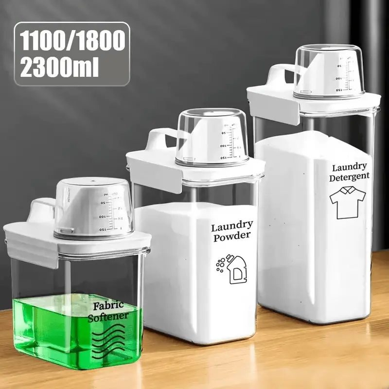 Refillable clear laundry detergent dispenser with measuring scale for storing detergent, powder, fabric softener, and bleach.