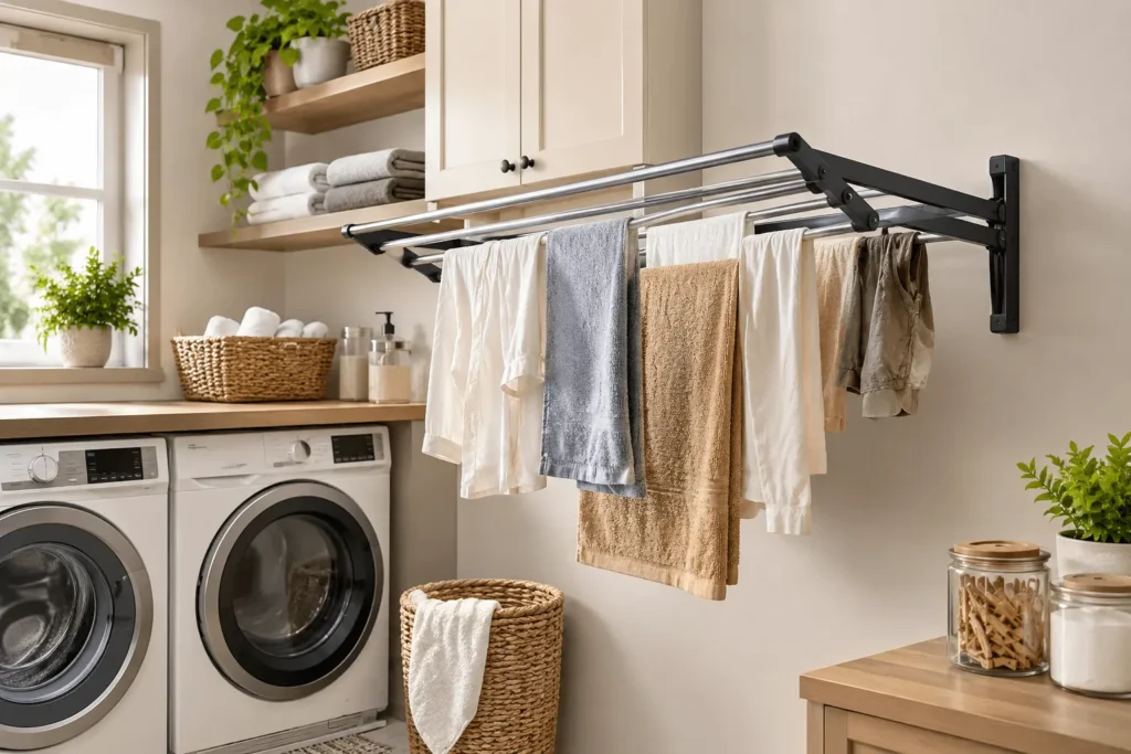 Retractable wall-mounted clothes drying rack extended in a modern organized laundry room