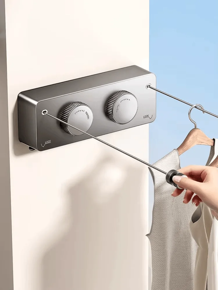 Retractable wall-mounted clothesline with double stainless steel drying lines for laundry room