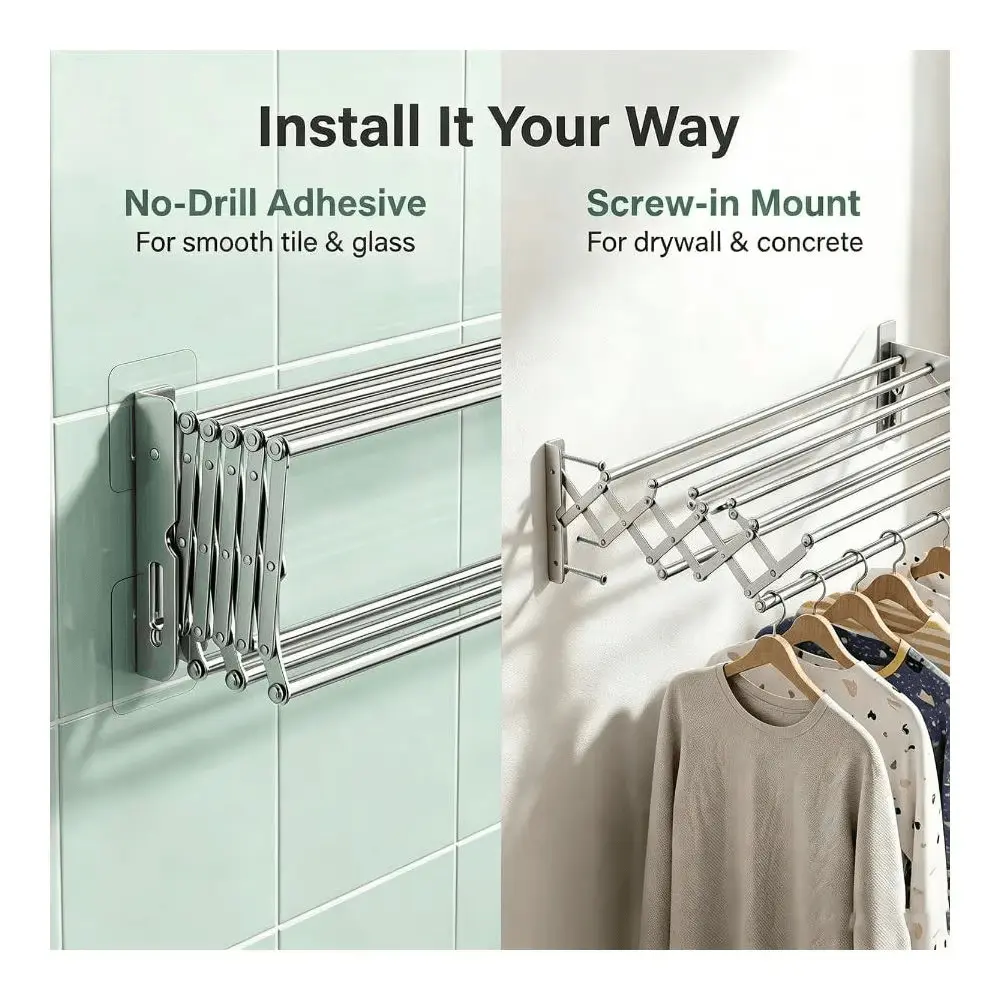 Retractable wall-mounted bamboo laundry drying rack and towel bar for space-saving laundry room organization