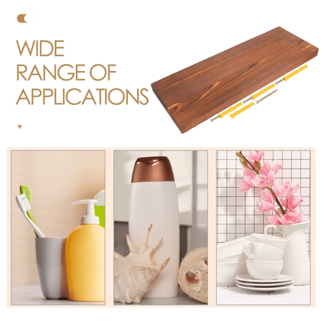 Rustic wood floating wall shelf for laundry room storage and bathroom organization