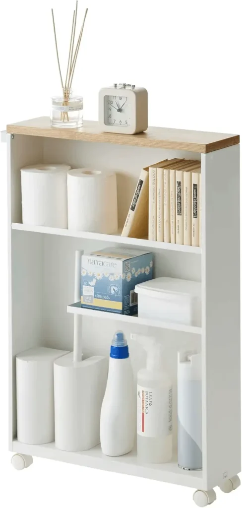 Slim rolling bathroom storage cart with narrow design, wheels, handle, and wood top