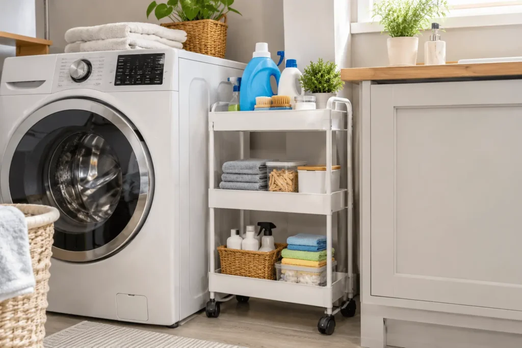 Slim rolling storage cart organizing laundry essentials in a small laundry room