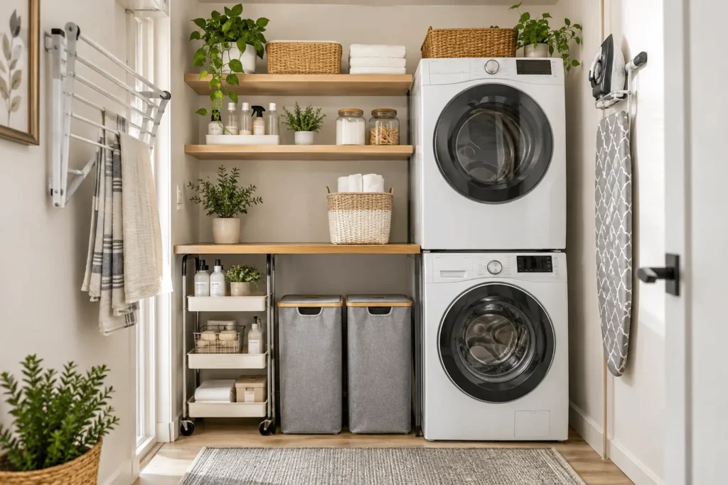 Small apartment laundry room with stacked washer dryer and organized storage