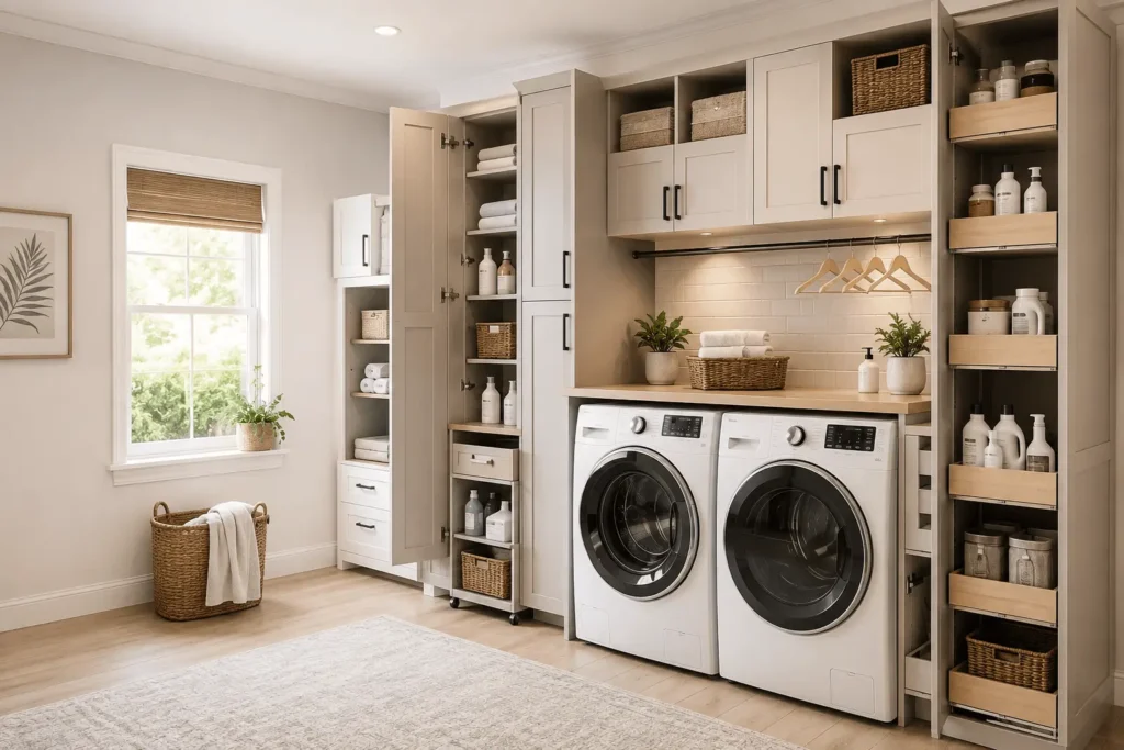 Small laundry room cabinet with organized storage around a white washer and dryer