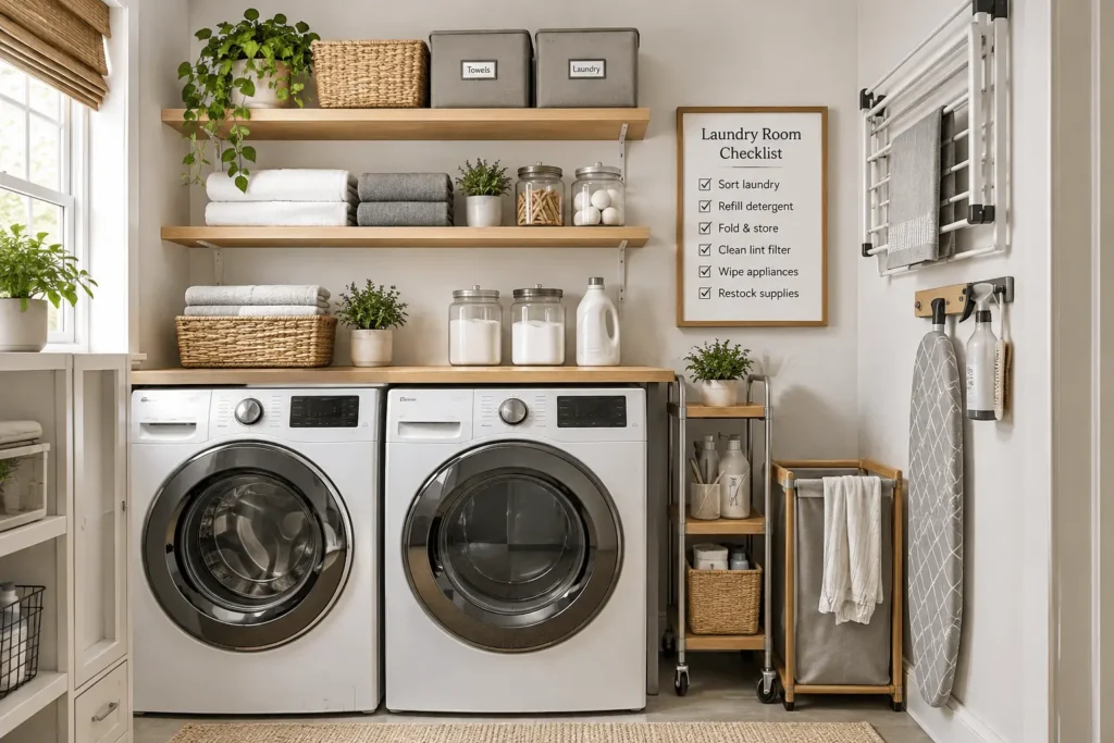Small laundry room with visible organization checklist and space-saving storage solutions