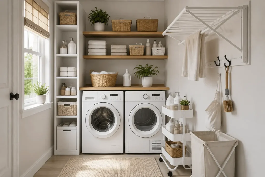 Beautifully organized small laundry room with smart storage solutions