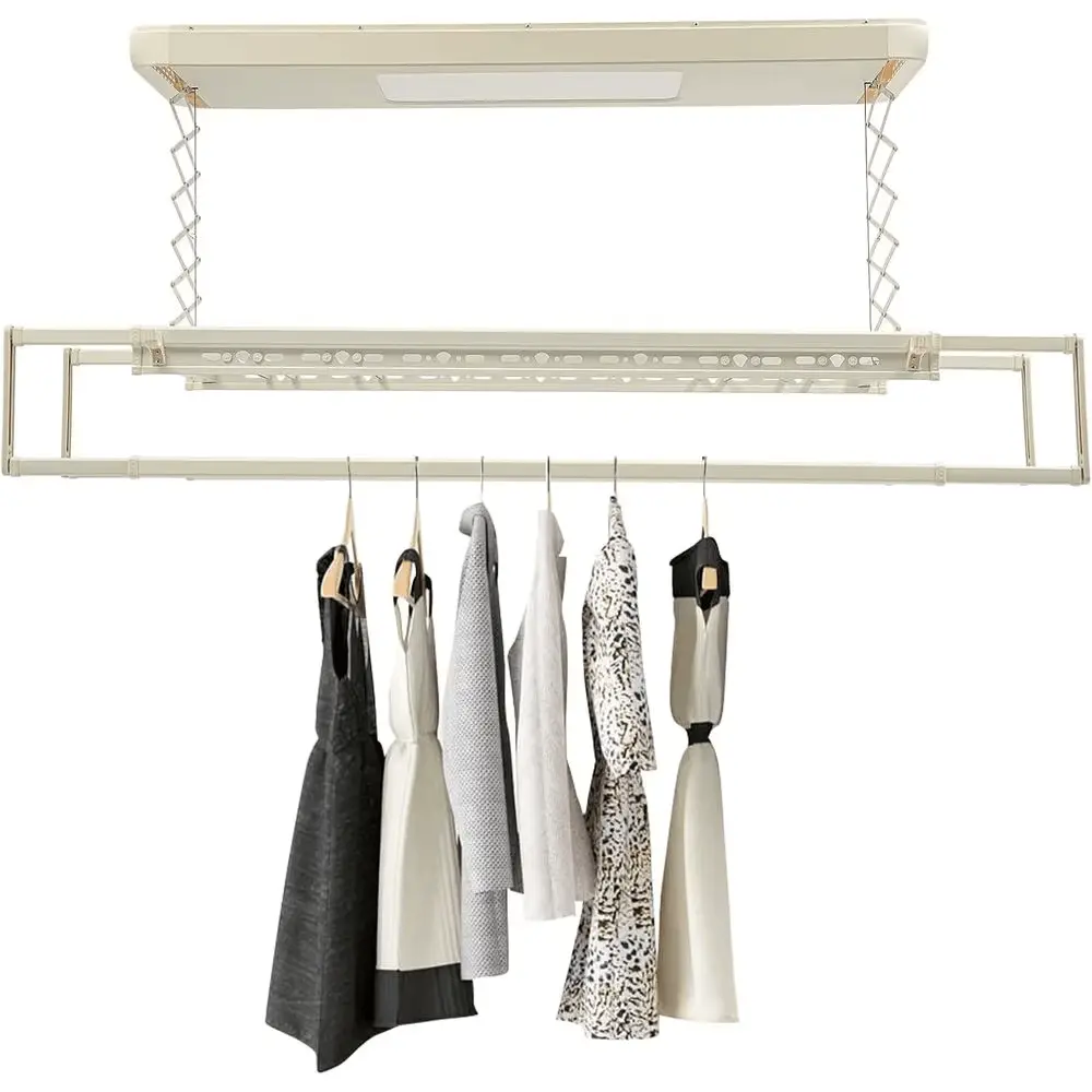 Smart ceiling-mounted electric clothes drying rack with adjustable rods and LED light in a laundry room