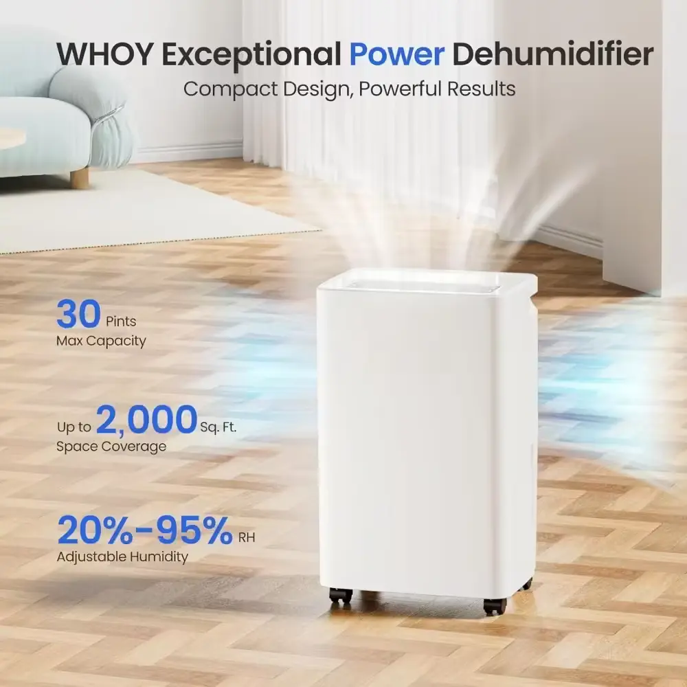 30-pint smart WiFi dehumidifier with 1.6L tank and continuous drain hose