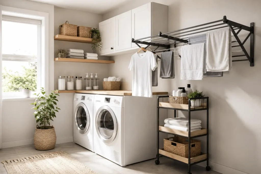 Space-saving wall-mounted drying rack in a small organized laundry room