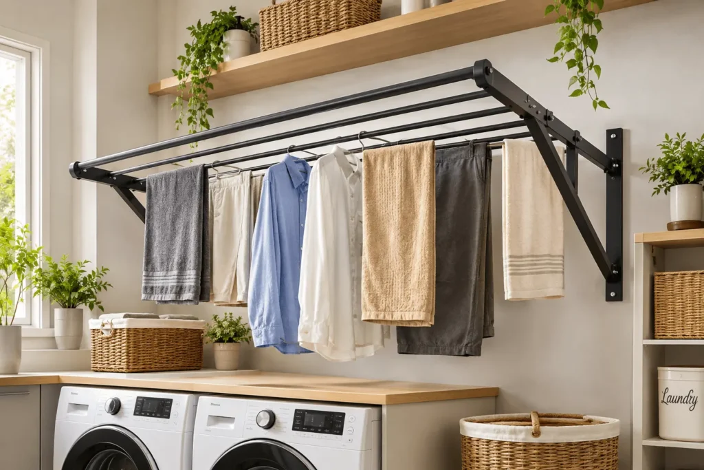 Strong wall-mounted laundry drying rack with heavy-duty brackets in a modern organized laundry room