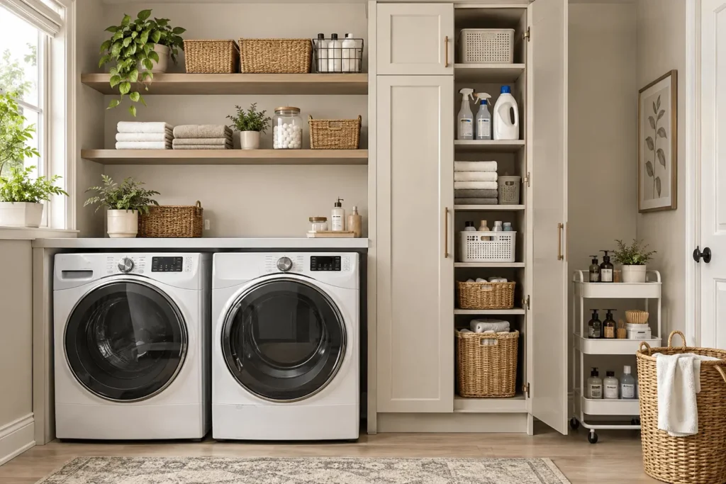 Tall utility cabinet beside a white washer and dryer for organized laundry room storage