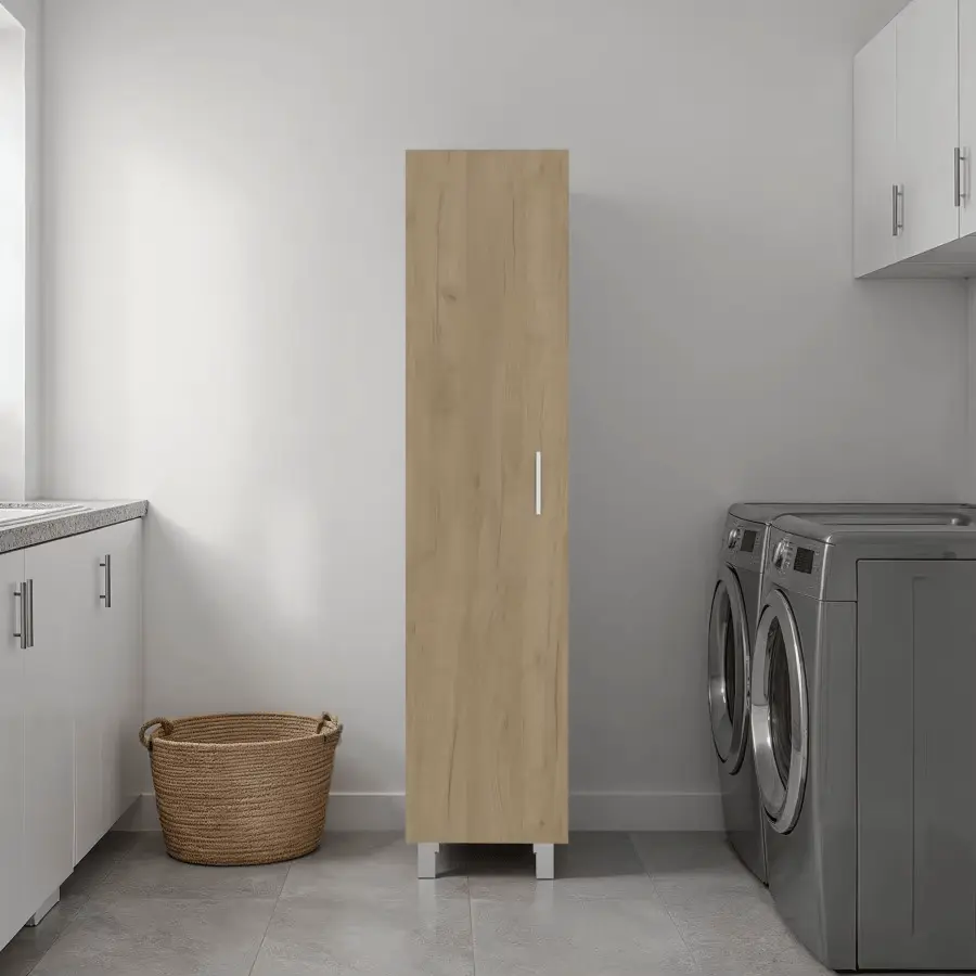 Vernon slim storage cabinet with 4-tier shelves and broom hangers in natural oak