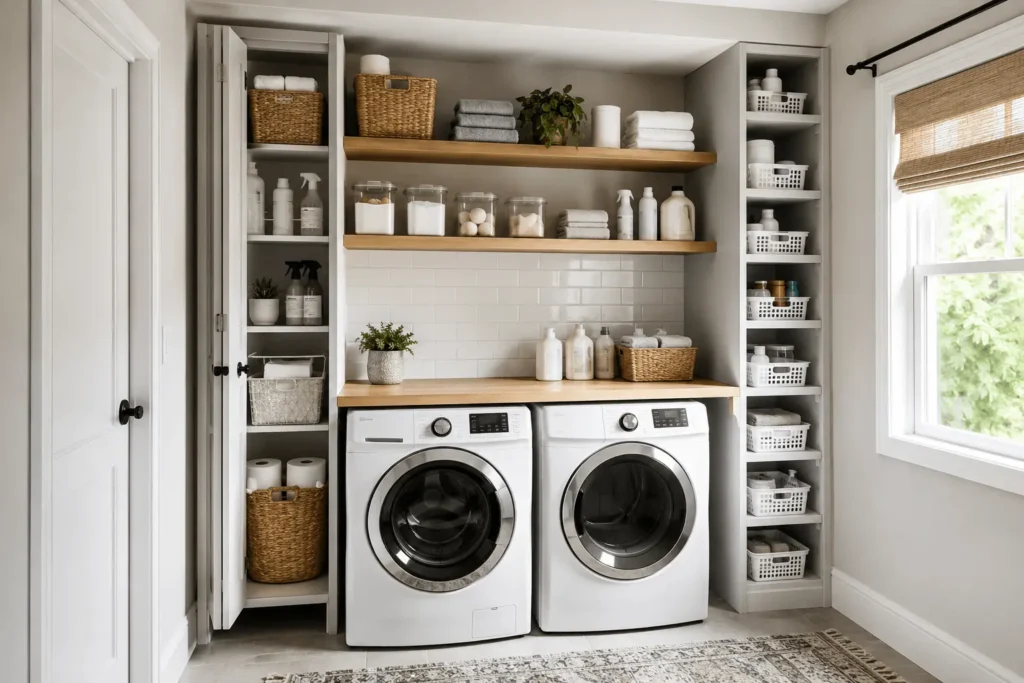 Vertical storage solutions in a small organized laundry room with shelves and cabinets