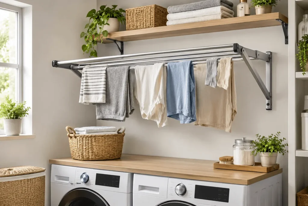 Wall-mounted drying rack in a small organized laundry room