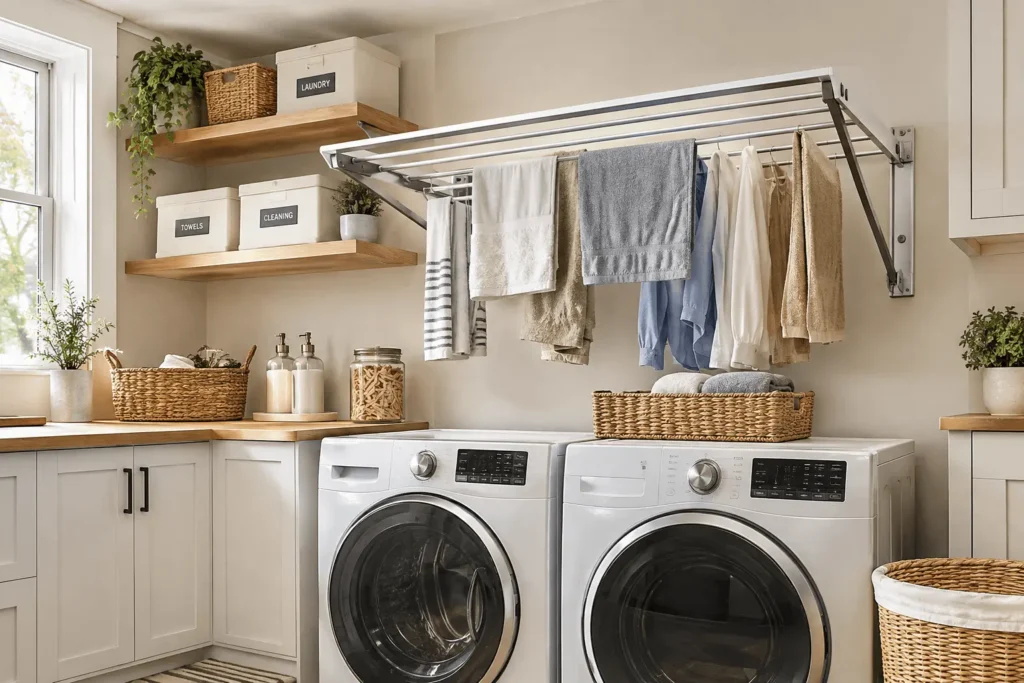 Wall-mounted fold-down laundry drying rack above a washer and dryer in a modern laundry room.