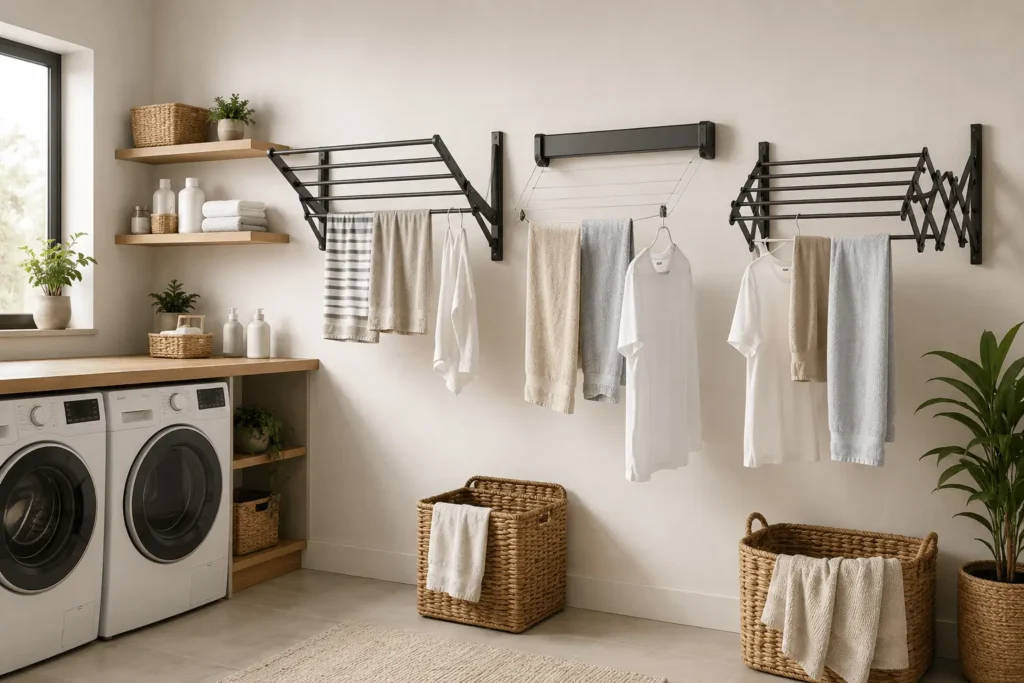 Comparison of three wall-mounted laundry drying rack designs in a modern organized laundry room