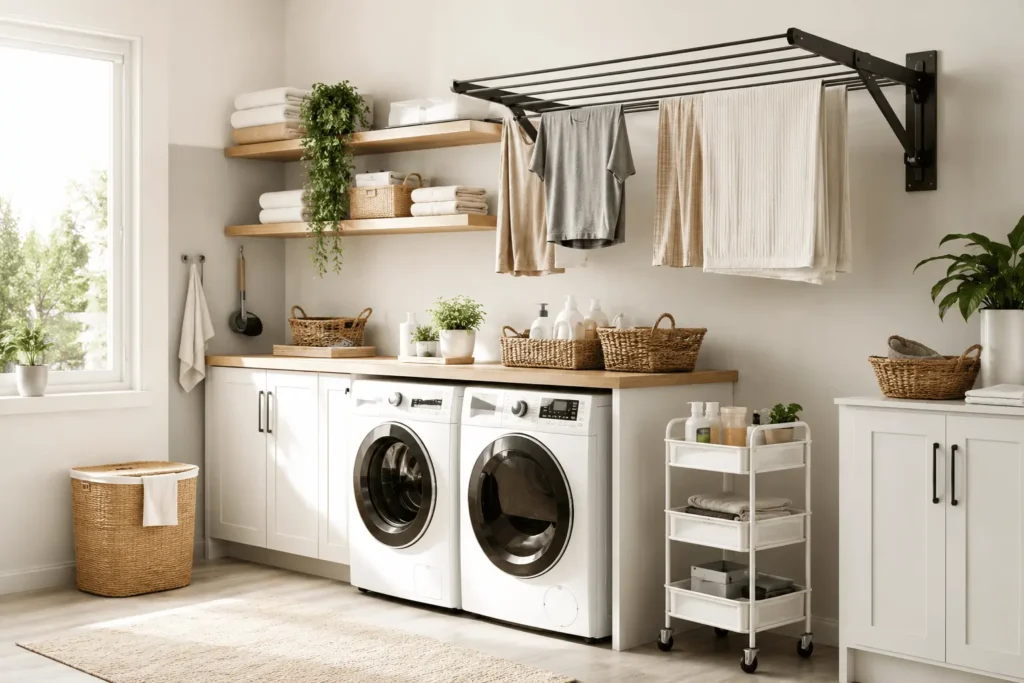 Bright modern laundry room with a wall-mounted foldable drying rack