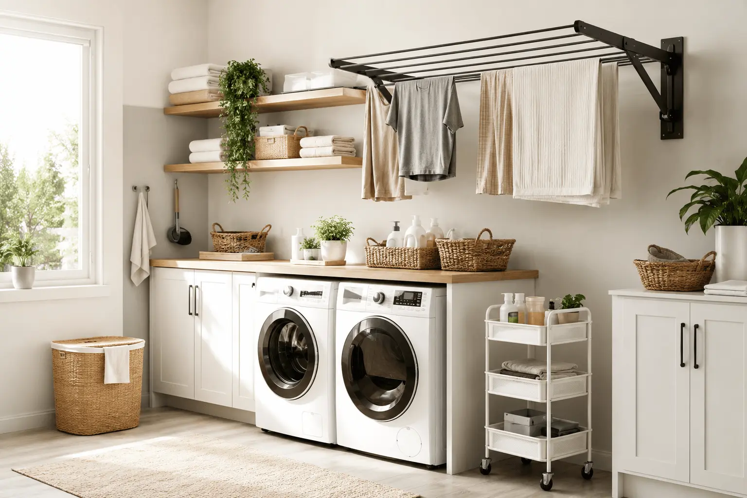 Bright modern laundry room with wall-mounted laundry drying rack ideas