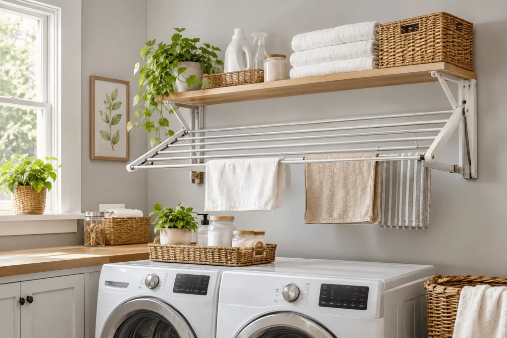 Wall-mounted laundry drying rack with shelf in an organized modern laundry room