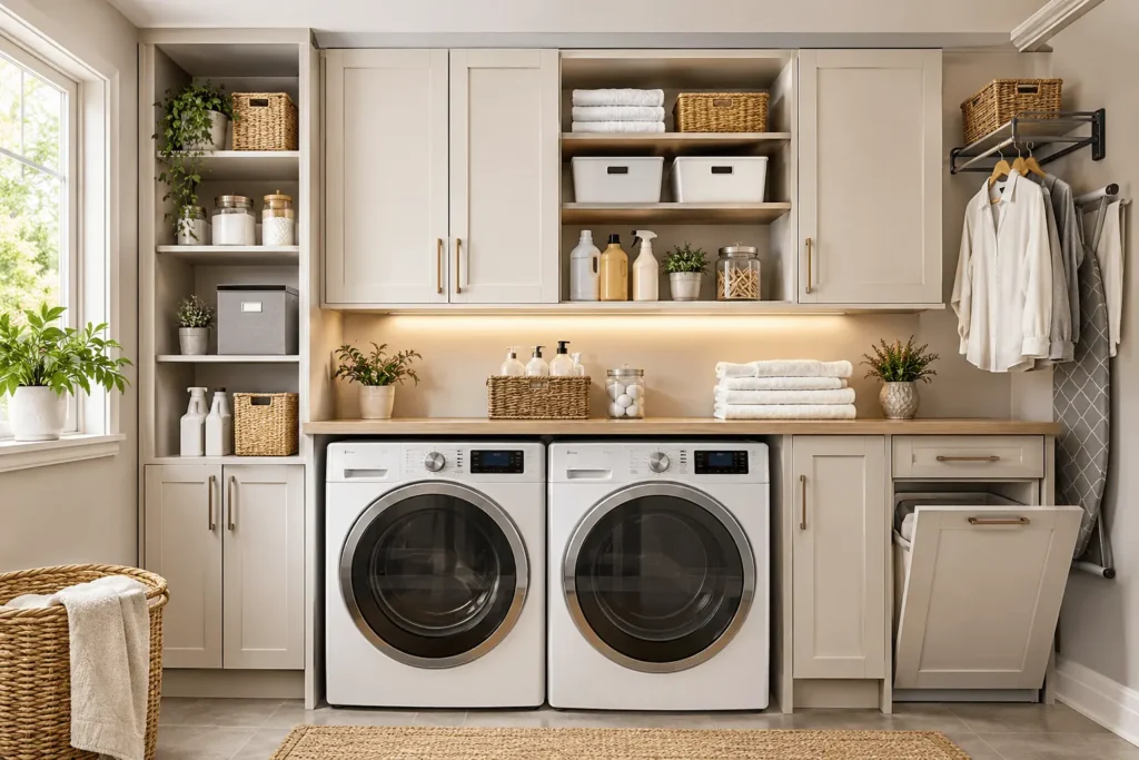 Modern laundry room with wall-mounted cabinets, washer and dryer, and organized storage