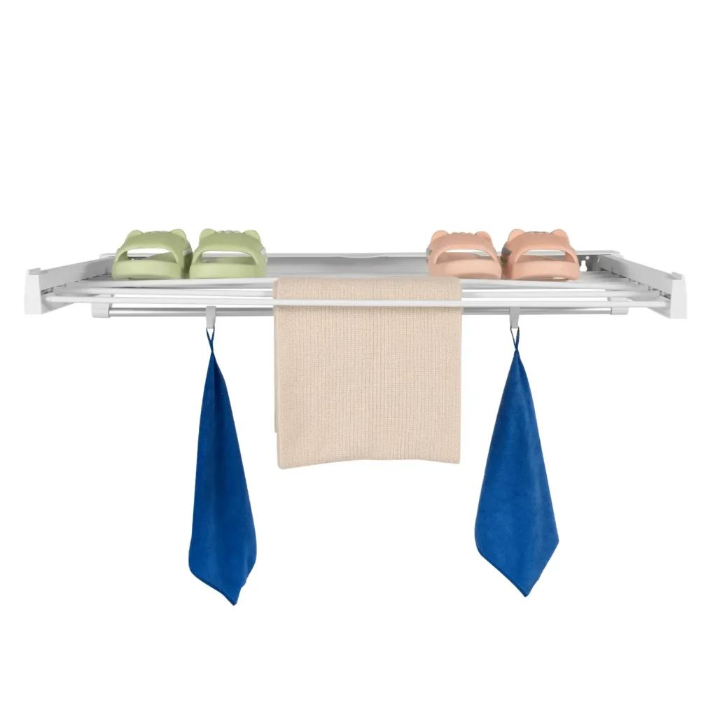 Wall-mounted retractable aluminum clothes drying rack with 7 expandable rods for laundry room organization