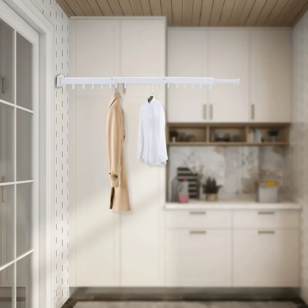 White wall-mounted retractable aluminum laundry drying rack for space-saving clothes drying