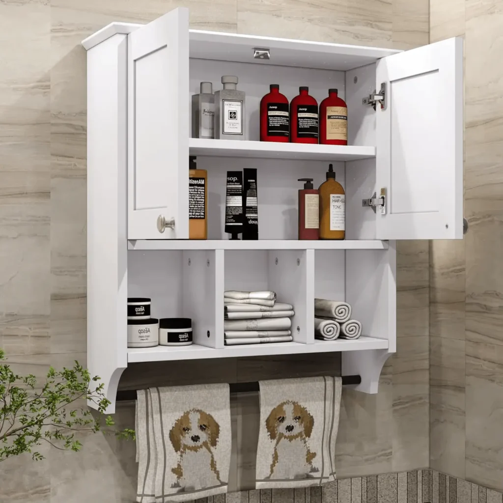White wall-mounted bathroom cabinet with towel bar and open shelves for laundry room storage