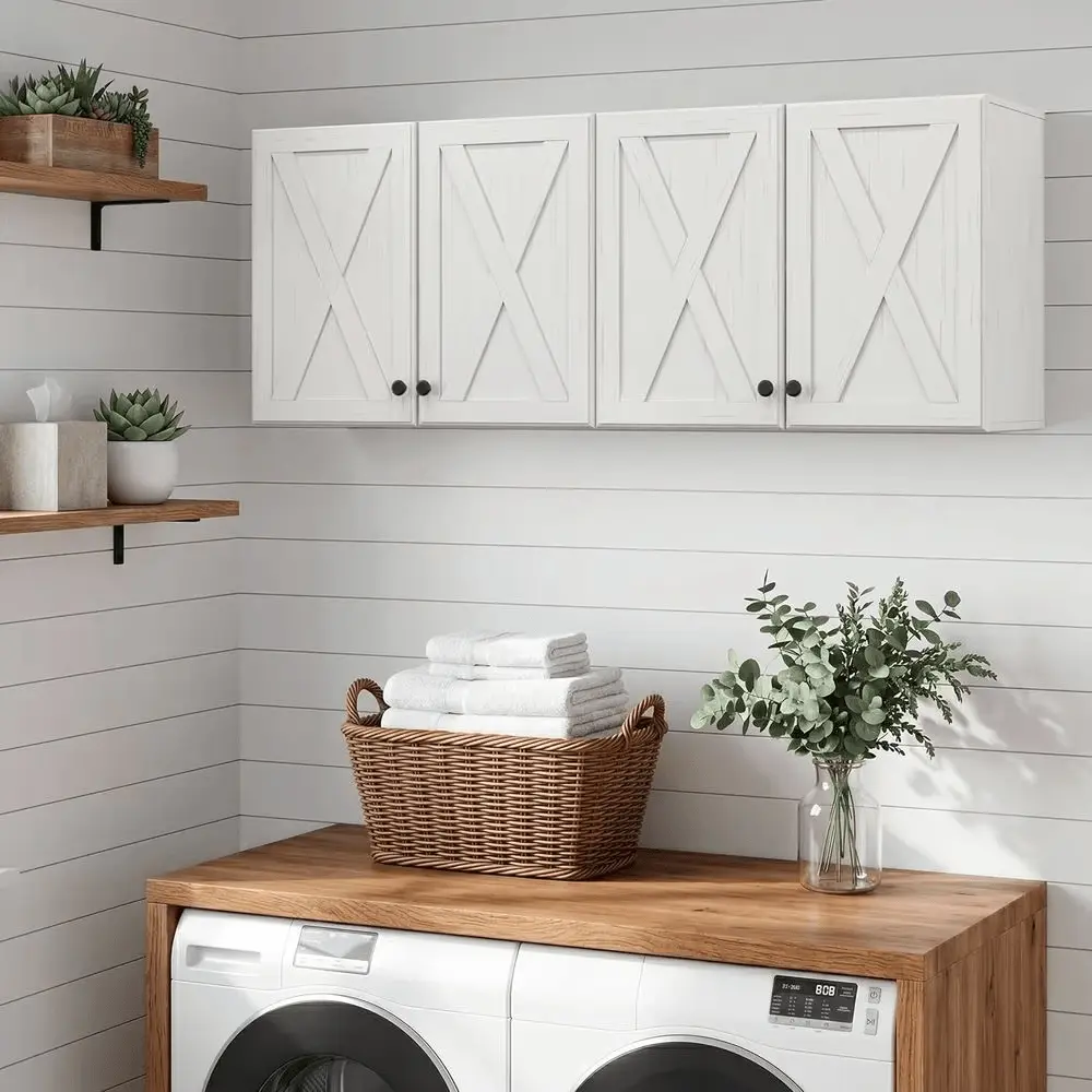 White wall-mounted storage cabinet with two doors for laundry room organization