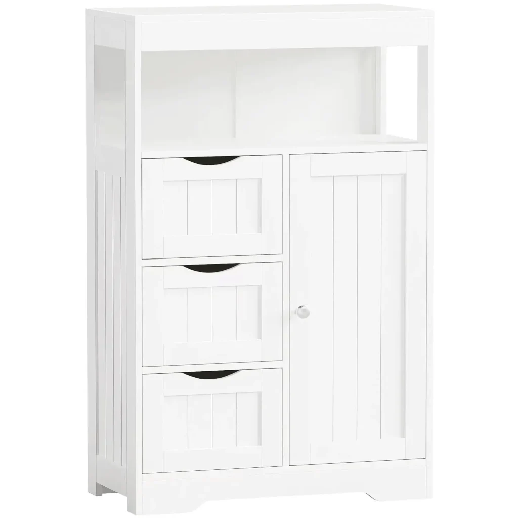 Wooden bathroom floor storage cabinet with door and three drawers for laundry room organization
