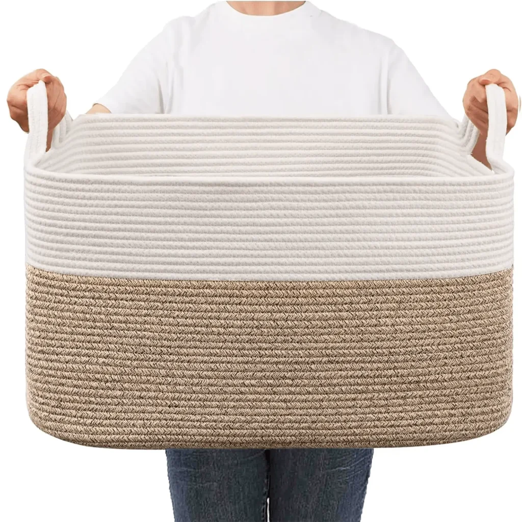 Woven rope storage basket for laundry room, bedroom, living room, and shelf organization